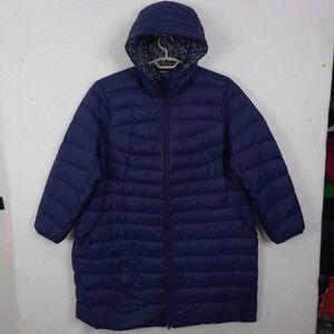 Lands' End Puffer Coat Women 2X 20W-22W Navy Blue Long Down Hooded Parka Jacket